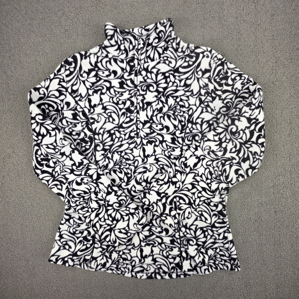 Coldwater Creek Damask Fleece Pullover Women Black White Quarter Zip Mock Neck S